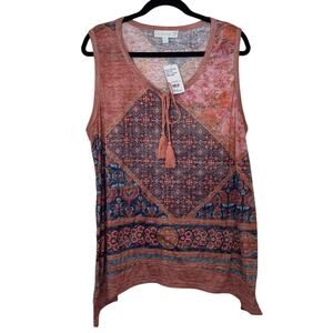 NWT Weekend Suzanne Betro Blue & Rust Floral Tie-Front Scoop Neck Tank Size 1X